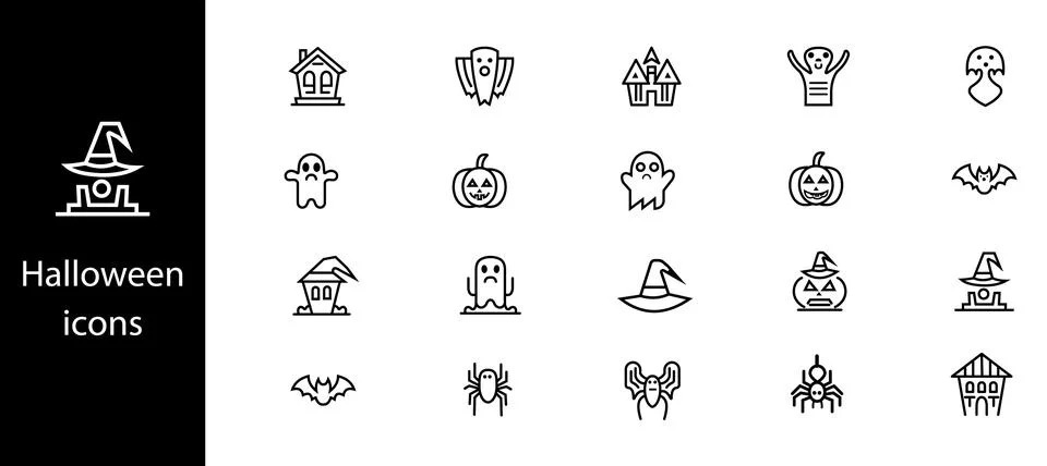 Halloween icons elements like ghosts, pumpkins, bats, spiders, witches, and.. Stock Illustration