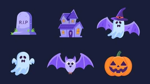 Halloween icons elements like ghosts, pumpkins, bats, spiders, witches, and.. Stock Illustration