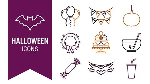 Halloween icons outline vector set featuring bat, balloons, pumpkin, wreath.. Stock Illustration