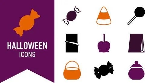 Halloween icons set featuring candy, sweets, lollipop, chocolate bar, candy.. Stock Illustration