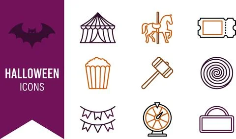 Halloween icons set featuring circus tent carousel horse ticket popcorn mal.. Stock-Illustration