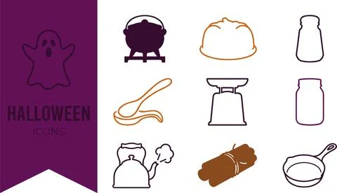 Halloween icons set featuring ghost, cauldron, cooking pot, spoon, scale, j.. Stock Illustration