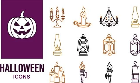 Halloween icons set featuring jack o lantern, candles, chandeliers and anti.. Stock Illustration