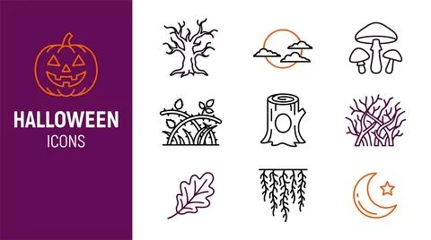 Halloween icons set featuring line art style spooky elements like jack-o-la.. Stock Illustration