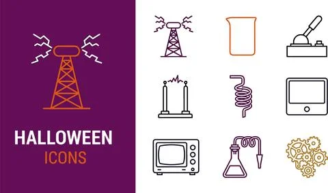 Halloween icons set featuring science laboratory equipment, Tesla coil, bea.. Stockillustratie