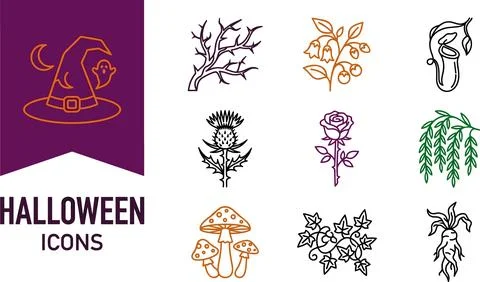 Halloween icons set featuring spooky witch hat, creepy trees, poisonous mus.. Stock Illustration