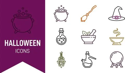 Halloween icons set featuring witch cauldron magic potion bottle crystal ba.. Illustration