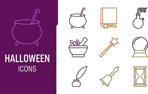 Halloween icons set featuring witch cauldron magic potion book wand crystal.. Illustration