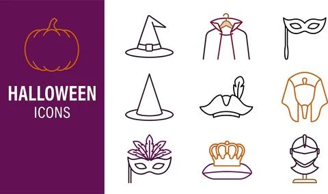 Halloween icons set featuring witch hat, pumpkin, cape, mask, crown, and kn.. イラスト素材