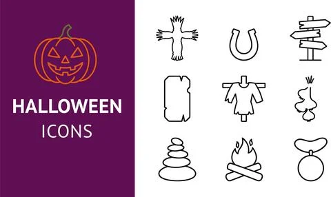 Halloween icons set outline vector illustration with jack o lantern pumpkin.. Stock Illustration