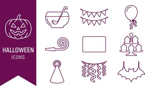 Halloween icons set outline vector illustration featuring pumpkin, party bl.. Stock Illustration