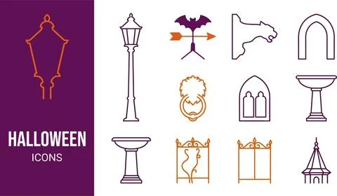 Halloween icons set with outline vector illustrations of gothic architectur.. Stock Illustration
