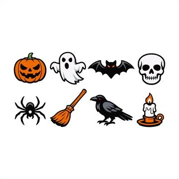 Halloween Icons Set: Pumpkin, Ghost, Bat, Skull, Spider, Broom, Raven, Candle Stock Illustration