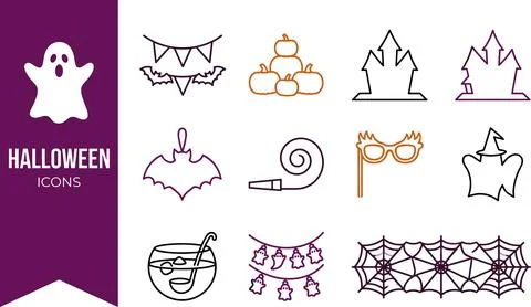 Halloween icons set with spooky outline symbols including pumpkins, haunted.. Stock Illustration