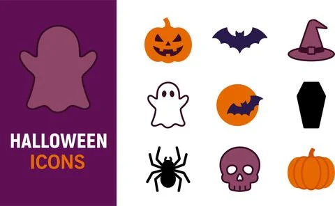 Halloween icons set vector illustration with spooky pumpkin jack-o-lantern,.. Stock Illustration