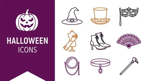 Halloween icons set vector illustration featuring spooky pumpkin, witch hat.. Stock Illustration