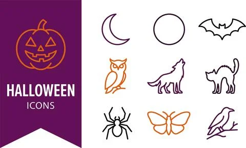 Halloween icons set vector illustration featuring spooky pumpkin, crescent .. Stock Illustration