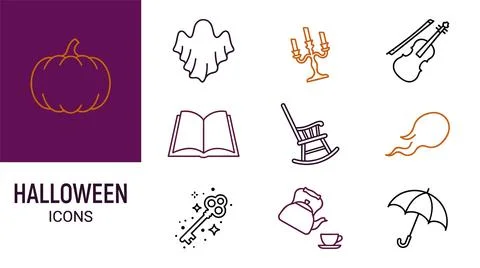 Halloween icons set vector illustration featuring spooky ghost pumpkin cand.. Иллюстрация