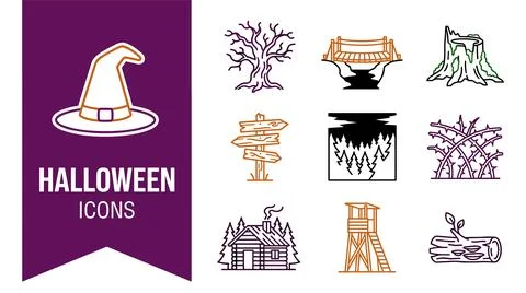 Halloween icons set with witch hat, spooky trees, wooden bridge, cabin and .. Stock-Illustration