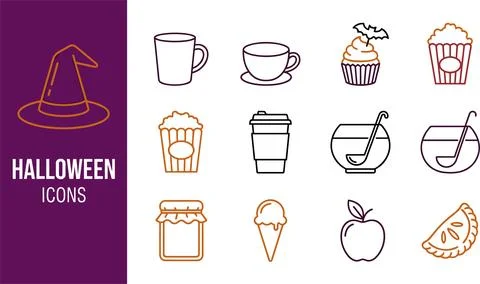 Halloween icons set with witch hat, food and drinks in outline style on pur.. Stock Illustration