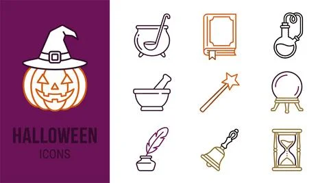 Halloween icons set with witch hat pumpkin cauldron spellbook magic wand cr.. Illustration