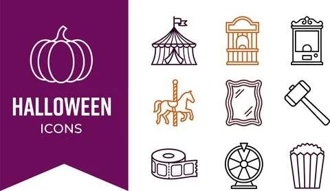 Halloween icons vector set with circus tent, carousel horse, tickets, and c.. Stock Illustration