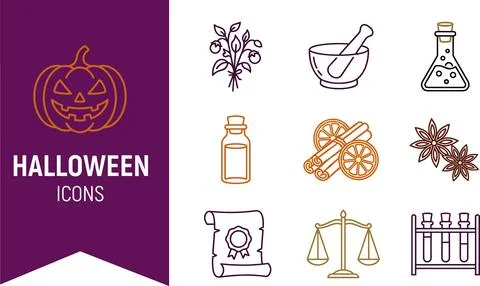 Halloween icons vector set with jack o lantern pumpkin potion bottles morta.. Stock Illustration
