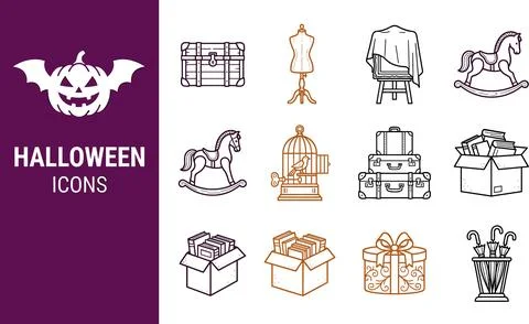 Halloween icons vector set with spooky pumpkin, antique rocking horse, vint.. Stock Illustration