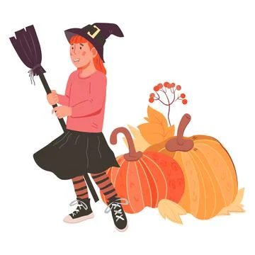 Halloween illustration of child in costume of witch and pumpkins vector isola Stock Illustration