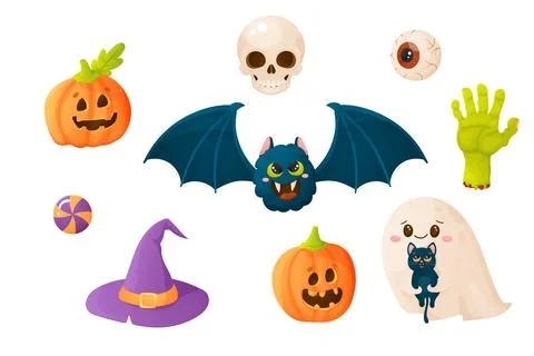 Halloween illustration set. Bat, ghost, witch hat, pumpkin and skull. For y.. Stock Illustration