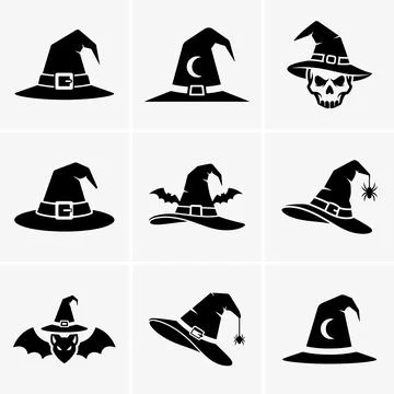 Halloween inspired grid displaying nine black witch hat silhouettes, decorate Stock Illustration