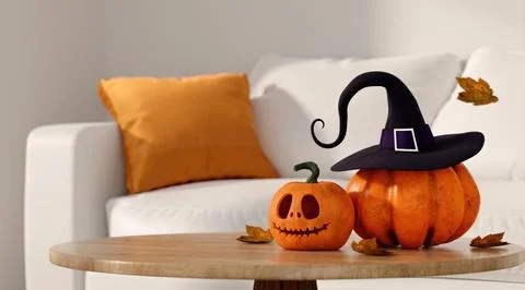 Halloween Interior Decor with Witch Hat Pumpkin 3D Render Stockillustratie