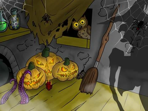 Halloween interior. Magic laboratory of witch. Stock Illustration