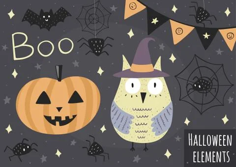 Halloween isolated elements - owl in the hat, pumpkin, spiders and other 스톡 일러스트