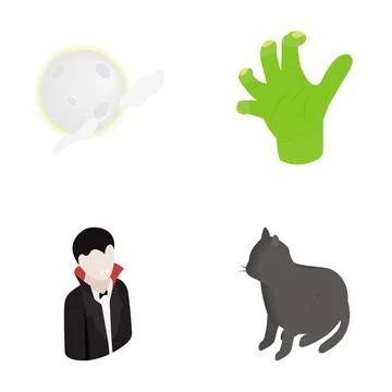 Halloween isometric icons featuring vampire, zombie hand, moon, cat Stock Illustration