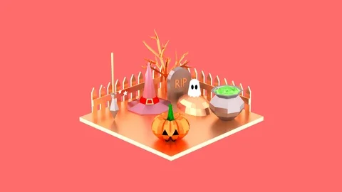 Halloween isometric scene of witch ritual on the graveyard 3D animation Stock Footage 113681074