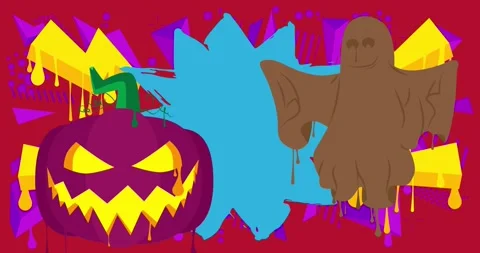 Halloween Jack O' Lantern and Ghost Graffiti tag animation Stock Footage 288790845