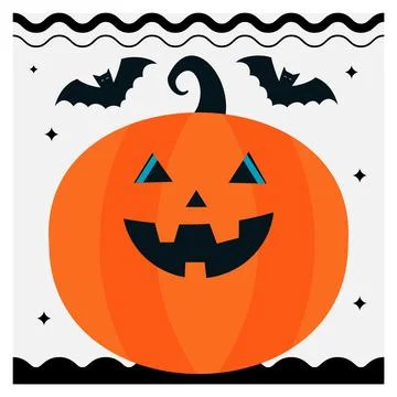 Halloween Jack-o'-Lantern with Bats and Stars Flat Illustration Stock Illustration