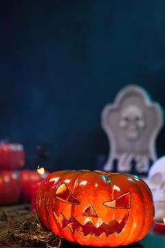 Halloween jack o lantern with ghost decoration Stock Photos