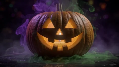 Halloween Jack O Lantern Glowing Pumpkin, Candle Light, Colorful Smoke Fog Stock Footage 345805103
