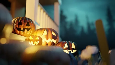 Halloween Jack O Lantern Pumpkin Decorations On A Porch Stockbeeldmateriaal 251804512