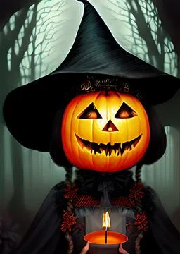 Halloween Jack o lantern pumpkin scarecrow with a pointy hat Stock Illustration