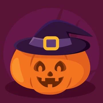Halloween jack-o-lantern pumpkin with witch hat, Vector Stock Illustration