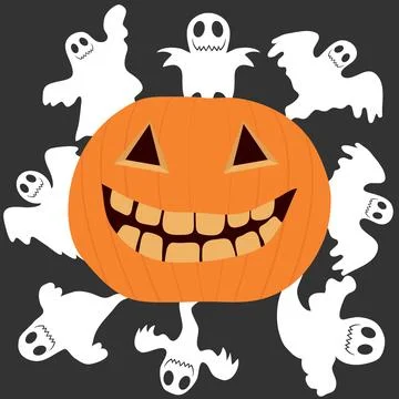 Halloween jack o lantern pumpkin surrounded by funny white ghosts on dark Stock Illustration