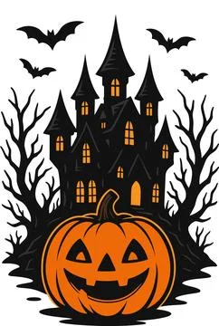 Halloween Jack O Lantern Pumpkin in Front of Haunted Castle Stock Illustration