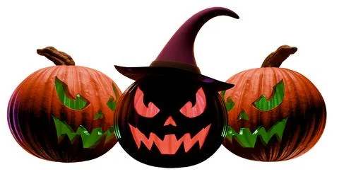 Halloween jack o lantern pumpkins with witch hat isolated Stock Illustration