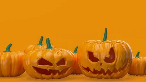 Halloween Jack O Lantern Pumpkins On Orange Background 3d render. Stock Illustration