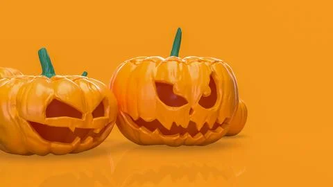 Halloween Jack O Lantern Pumpkins On Orange Background 3d render. Illustrazione stock