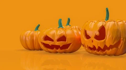 Halloween Jack O Lantern Pumpkins On Orange Background 3d render. Illustrazione stock