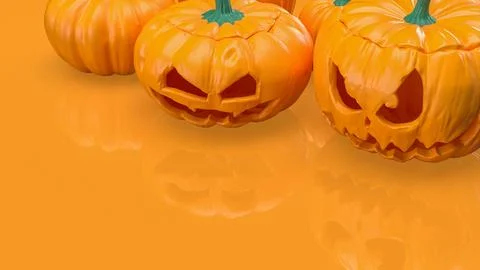 Halloween Jack O Lantern Pumpkins On Orange Background 3d render. Stock Illustration